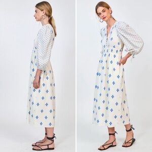 HUNTER BELL Cream Midi Dress with Blue Print